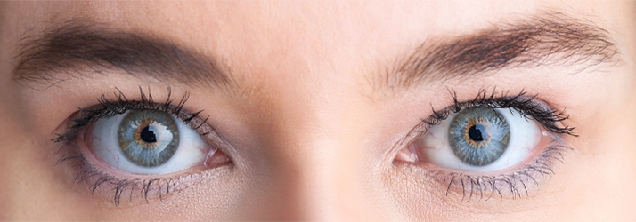 Detailed close-up of blue eyes with clear irises and defined eyelashes.